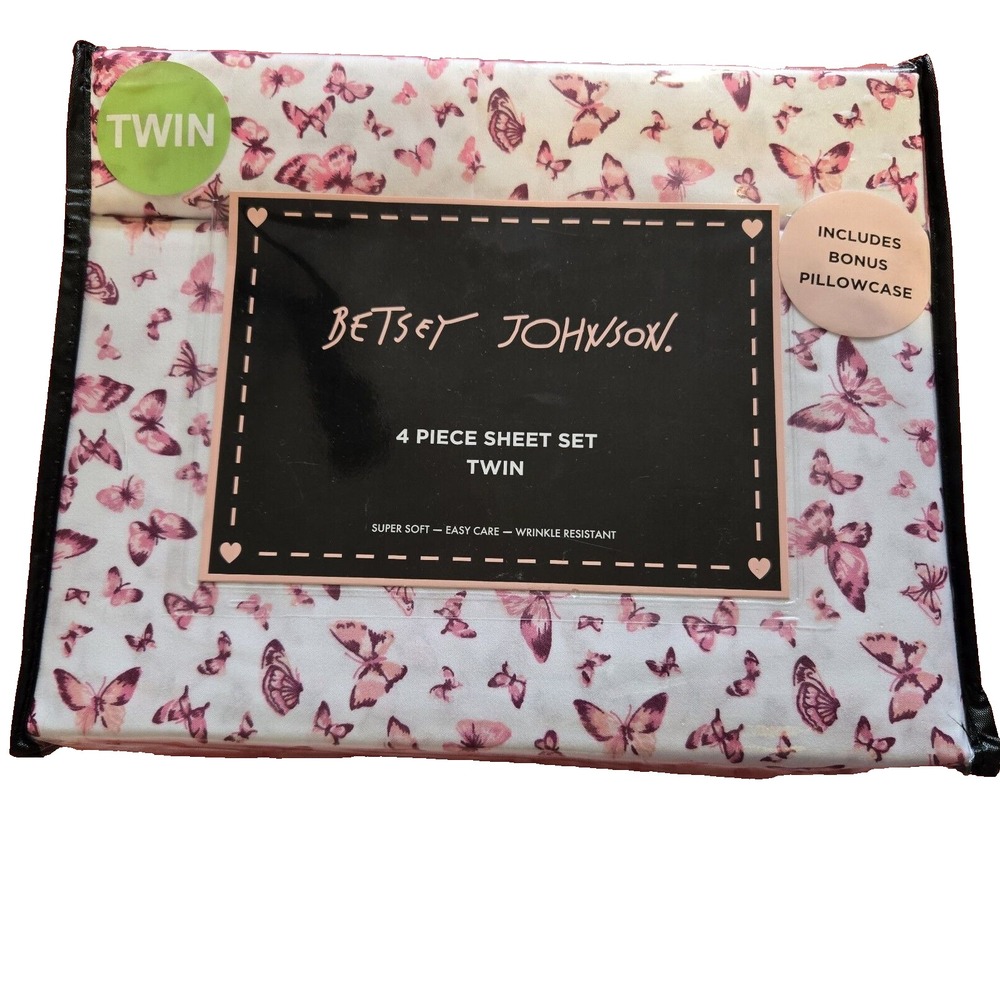 Betsey Johnson Twin Sheet Set with Extra Pillowcase Pink Butterfly Pattern